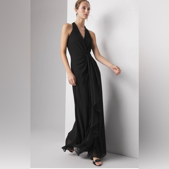 White House Black Market Sleeveless Draped Gown 4P Black V-Neck Chiffon Lined